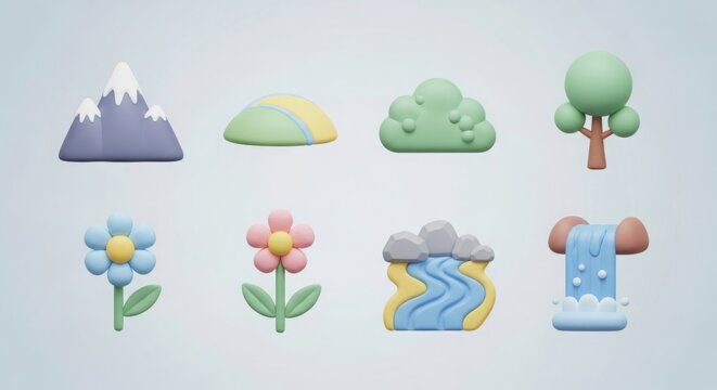 Set of 8 pastel 3D icons mountain, hill, tree, bush, flower, rock, river, waterfall