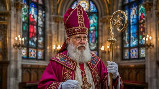 A portrayal of Saint Nicholas, the bishop, in full regalia with his crosier, standing inside a magnificent cathedral