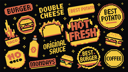 Retro Pixel Art Fast Food Collection Burgers, Tacos, Potatoes, Coffee and Original Sauce Graphics