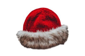 Red knitted santa hat with white fur trim isolated on transparent background
