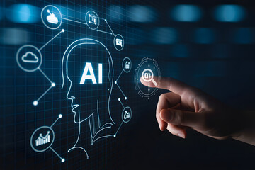 Human hand interacts with AI interface exploring data analysis icons