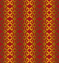 Red and Gold Pixel Ethnic Pattern. Seamless digital art with geometric Greek key motifs. Ideal for modern textiles, apparel and decor.