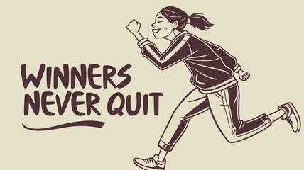 Energetic runner girl with inspirational quote on beige background 