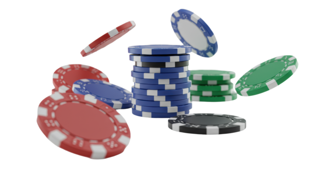 Premium red, blue, green, black, gold poker chips scattered and stacked on a transparent studio background with sharp focus and subtle motion blur. Concept of strategic finance