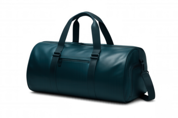 Teal cylindrical travel or gym bag with black handles and shoulder strap isolated on transparent background