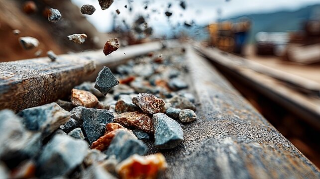 Close-up view of gravel being loaded onto a railway track.