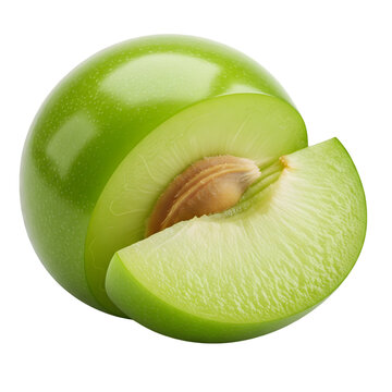 Fresh green plum cut in half showing seed and slice isolated on transparent background