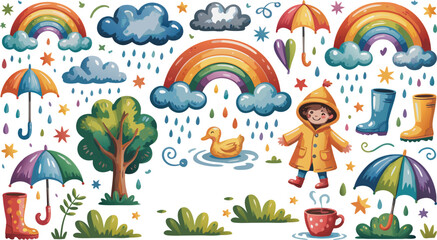 Rainy Day Clipart with Rainbows, Clouds, Child in Raincoat, Duck, and Birthday Wishes Design Elements