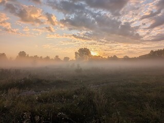 Golden morning mist harmoniously embracing wildflowers at sunrise.