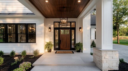 Obraz premium Modern suburban home entrance with wooden door and lantern lights