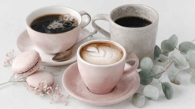 Elegant coffee arrangement with macarons and leaf accents in pastel tones. International Coffee Day