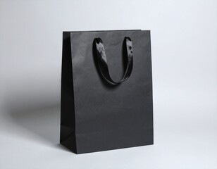 Elegant black paper shopping bag with handles on white background
