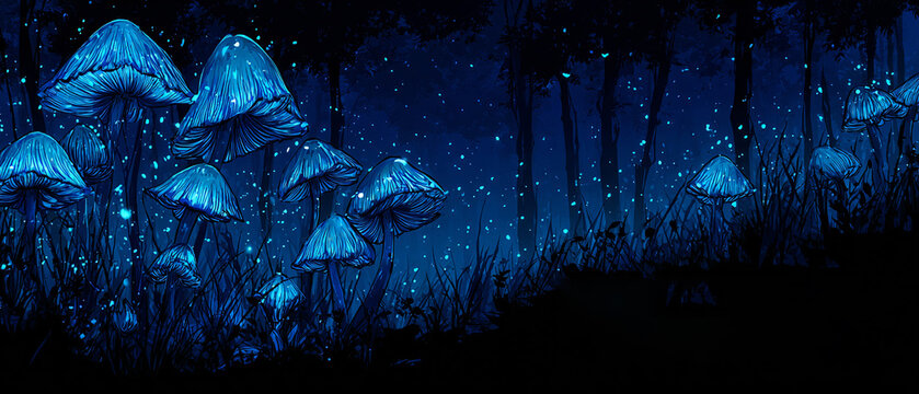 Setas bioluminiscentes azules brillan en un bosque oscuro y m&aacute;gico con part&iacute;culas flotantes.