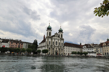 View of the Jesuit Church of St. Francis Xavier on the banks of the Reuss, Lucerne, Switzerland