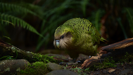 A rare and endangered kakapo parrot with vibrant green plumage stands on mosscovered rocks amidst the lush foliage of a new zealand forest