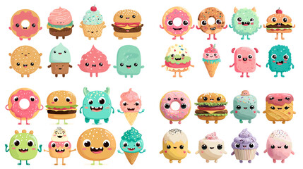Fun cartoon collection of donuts, burgers, ice creams, and cupcakes with adorable monster faces, colorful dessert characters isolated on white.