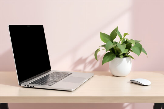Silver laptop with black screen and green potted plant on wooden desk computer technology
