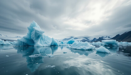 Majestic blue icebergs float serenely in the calm, reflective ocean waters under a dramatic, cloudy sky with distant snowcapped mountains