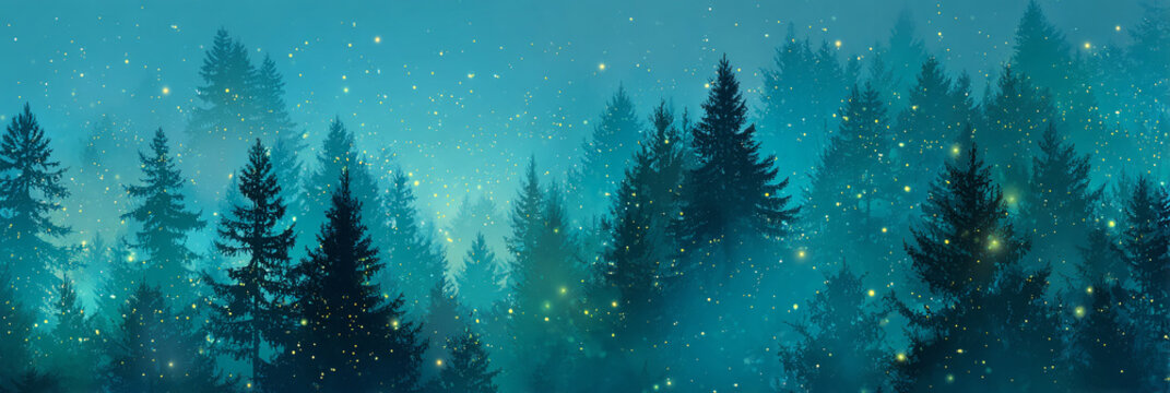 Bosque m&iacute;stico con luces de hadas y niebla en tonos azules y verdes, atm&oacute;sfera m&aacute;gica.