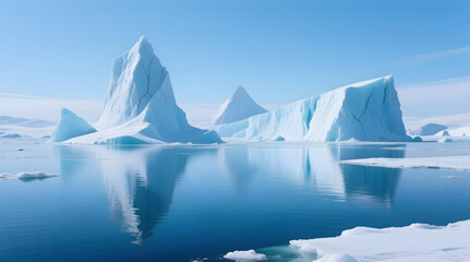 Majestic icebergs tower over calm, reflective polar waters under a clear, vast blue sky.