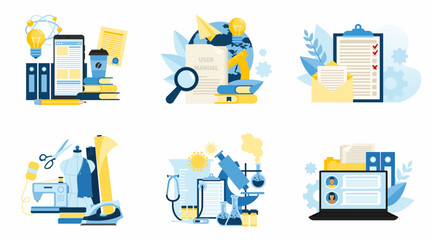 Business illustrations. The concept of working with staff, accounting, sewing workshop, medical laboratory, libraries and databases. A set of vector illustrations in a flat style