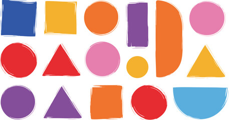 Colorful Brush Stroke Geometric Shapes Squares, Circles, Triangles and HalfCircles Illustration on White