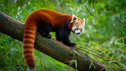 A charming red panda with its distinctive striped tail delicately nibbles on green bamboo leaves while perched on a mossy tree branch in a lush, verdant forest