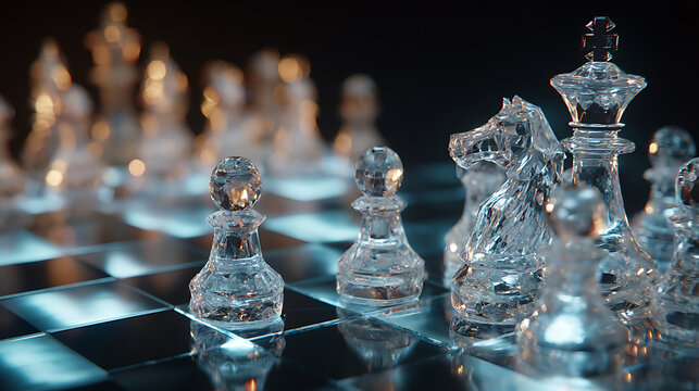 Stunning crystal chess pieces poised for strategic battle, embodying intellect, competition, and sophisticated decision-making for modern business and gaming themes.