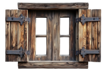 Antique wooden window with open shutters isolated on transparent background