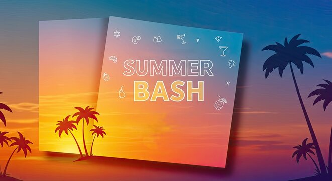 Summer party invitation, sunset backdrop, palm trees