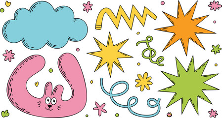 Fototapeta premium Playful Cartoonish Doodle Featuring a Pink Bunny, Blue Cloud, and Colorful Starbursts Isolated