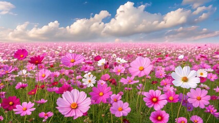 Obraz premium Beautiful cosmos flower field with blue sky and clouds, a picturesque landscape of nature in full bloom during summer