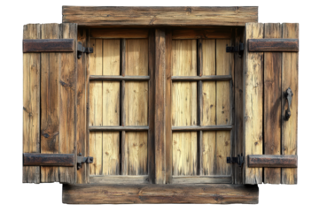 Rustic old wooden window with open shutters isolated on transparent background