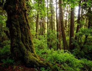 Obraz premium Lush green forest floor with moss-covered trees, sunlight filtering through the canopy.