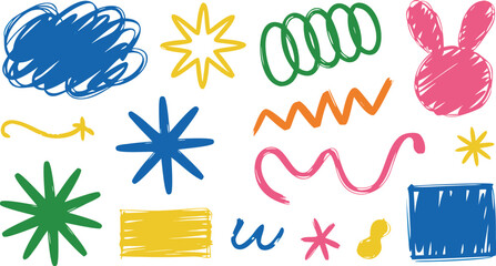 Colorful HandDrawn Doodle Elements Stars, Shapes, Bunny, Arrow, and Abstract Scribbles on White Background