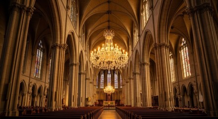 Naklejka premium Ornate church interior with chandeliers and stained glass