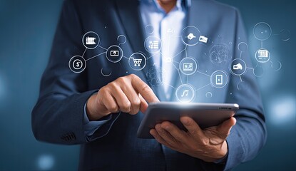 Businessman using tablet with connected app icons