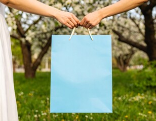 Hands holding blank blue shopping bag in a beautiful spring orchard