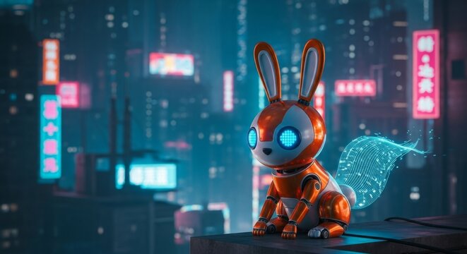 Robotic bunny in a futuristic cityscape