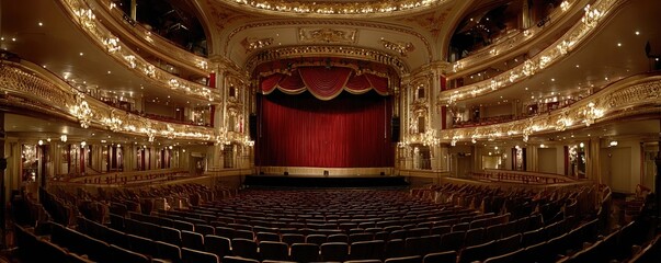 Obraz premium Grand opera house interior, ornate auditorium with tiers of seating, grand stage, and chandeliers