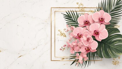 ROSA ORCHIDEEN UND PALMENBL&Auml;TTER IN ART-DECO-RAHMEN AUF MARMOR