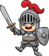 Cute cartoon knight with sword and shield, medieval warrior character, armored soldier illustration, brave fighter, fantasy knight hero, children’s storybook, armor, helmet, battle ready