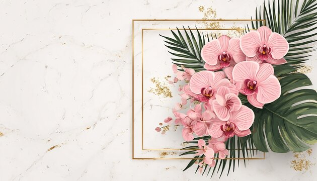 ROSA ORCHIDEEN UND PALMENBL&Auml;TTER IN ART-DECO-RAHMEN AUF MARMOR