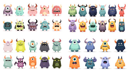 Adorable and colorful monster characters with horns and unique expressions, perfect for children’s projects, games, and cartoon designs.