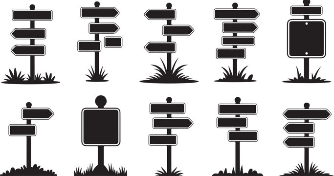 Naklejki Directional Signage Icons - Black and White Street and Road Sign Illustrations