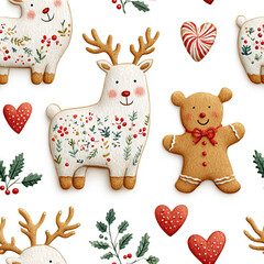 Naklejka premium cute watercolor clipart – Festive Gingerbread Cookies and Reindeer with Holiday Decorations, high-quality hand-painted design, seasonal decor, artistic illustration for holiday themes