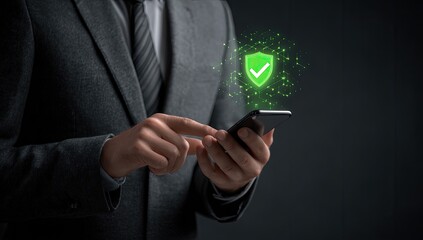 Businessman using smartphone with security graphic overlay