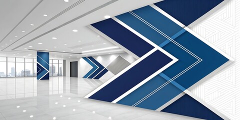 Obraz premium Modern corporate office interior design featuring bold geometric blue and white chevron patterns on walls and pillars creating an ambitious and forward thinking atmosphere