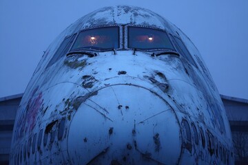 Frozen, weathered airplane nose