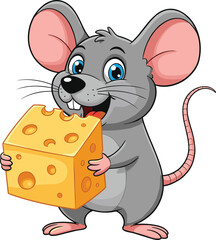 Cute cartoon mouse holding big cheese block, smiling happy rat character illustration, isolated vector animal design for kids, food mascot, fun clipart image